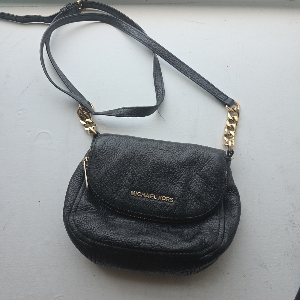 Michael Kors Black Pebbled Leather Crossbody with Gold Chain Accents